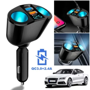 Car Cigarette Lighter Socket Splitter with 2 USB Charger C Ports